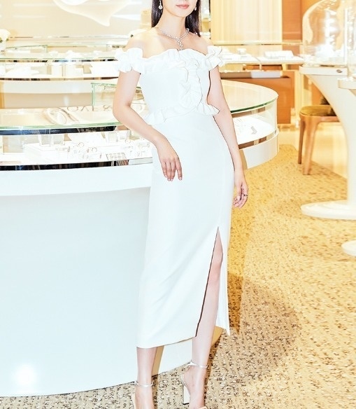 パーティードレス オフショルダー フリル スリット タイトミモレ丈 ロング 無地 エレガント フェミニン パーティー 結婚式 二次会 お呼ばれ ワンピース フォーマル 2018年新作 婚活パーティードレス