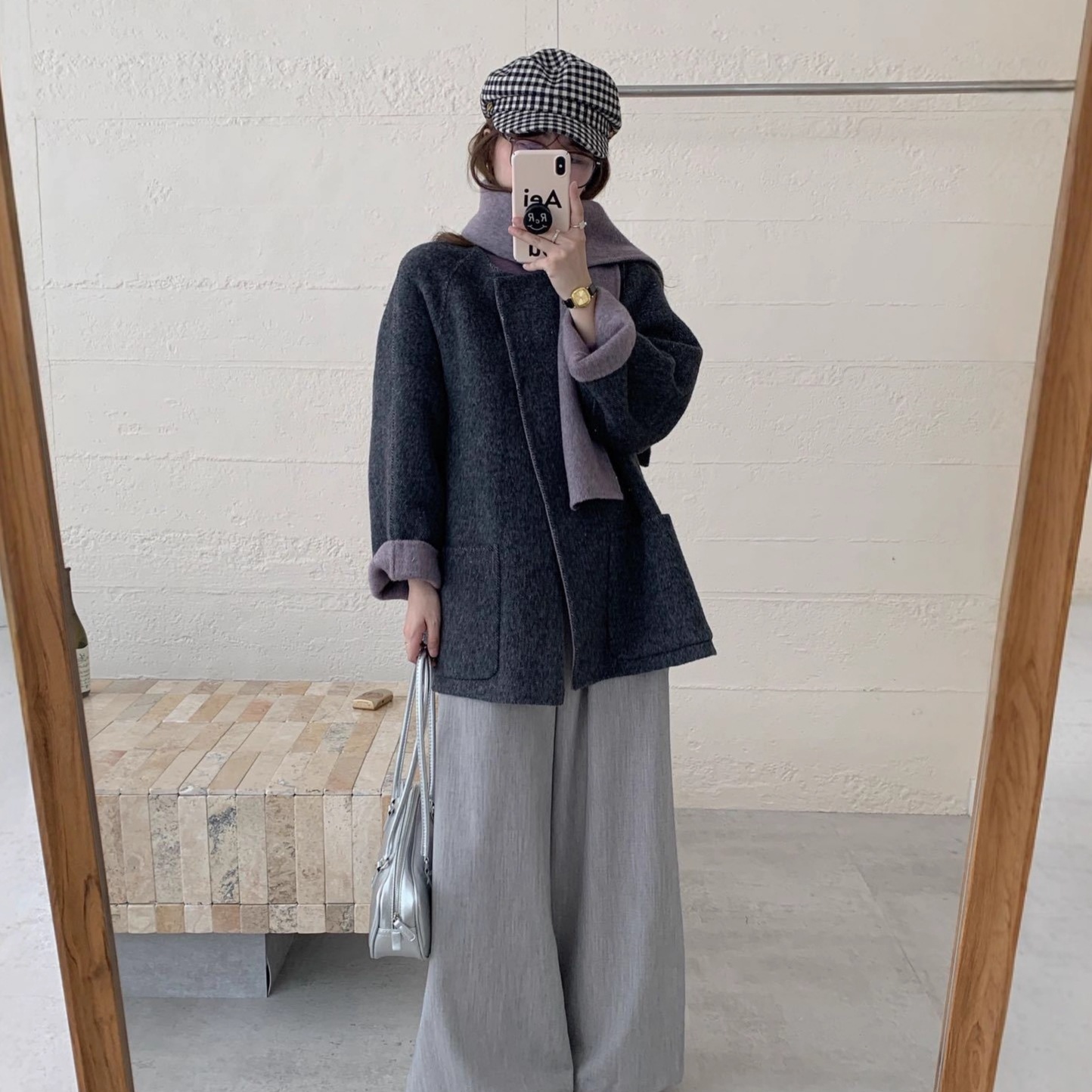 ab スカーフ風両面ウールコート ミディアム丈 ゆったりシンプルカシミヤ厚手あったかウールジャケット