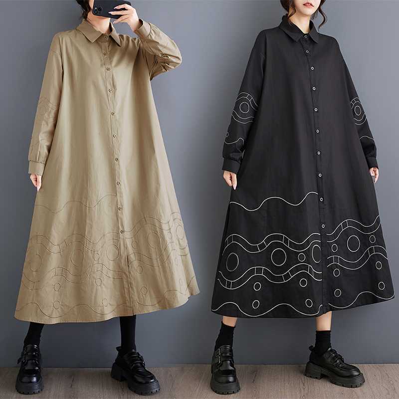 「ファットガール」 2024秋新品 刺繍 ドッキング ロングワンピース 大きいサイズ 体型カバー レディース ワンピース メガ割30%までに制限