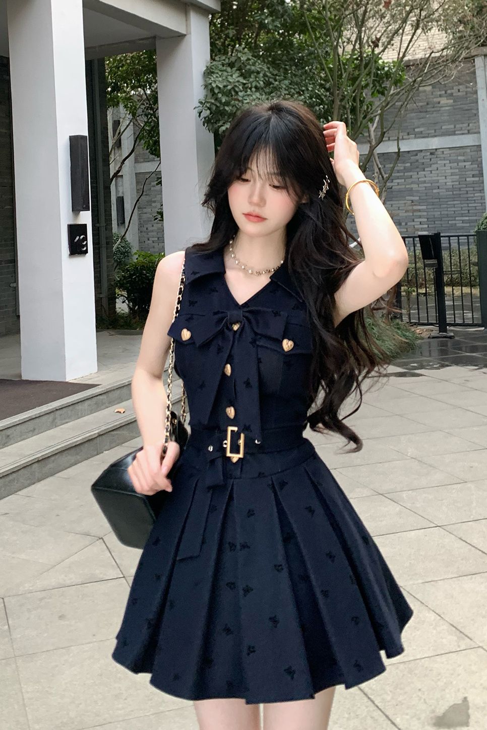 ロリータ コスプレ アカデミック 袖なし めくる リボン本 腰をすぼめる やせて見える ひだ ワンピース