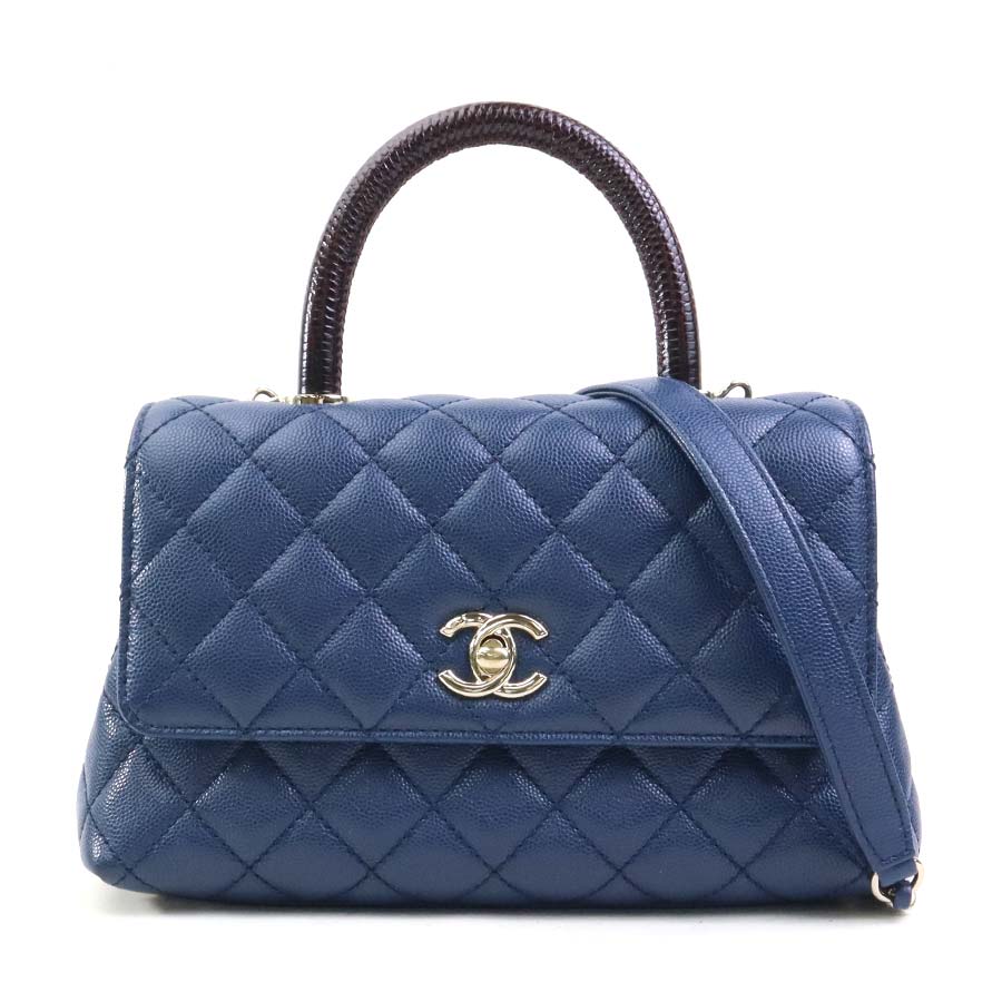 シャネル CHANEL ショルダーバッグ ハンドバッグ ココハンドルXS キャビアスキンレザー/リザード ネイビーブルー×ブラック ゴールド レディース 90144a