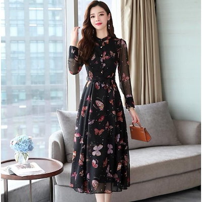 ワンピース レディース エレガント シフォン ロング丈 花柄　リゾート パーティ セレブ風スタイルレ