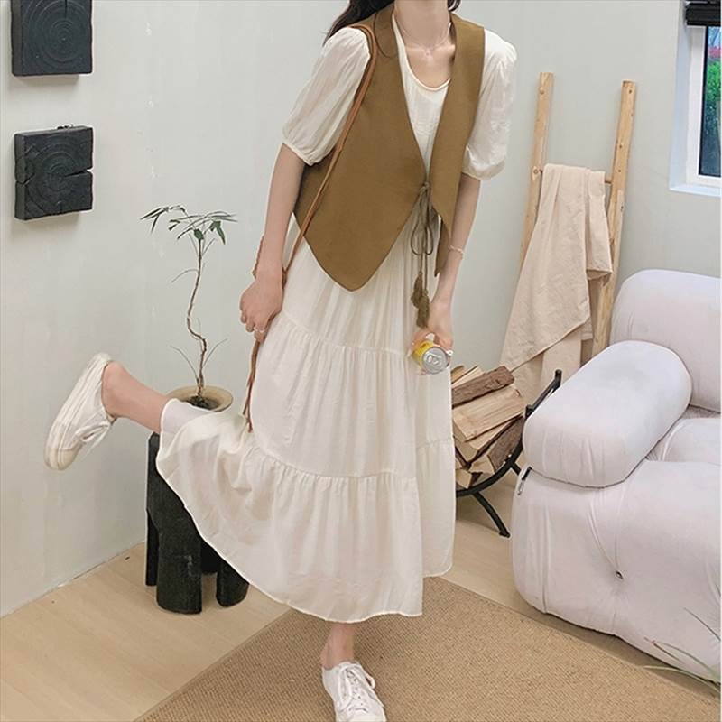 ワンピース＋ベストセットアップ ロングフレアティアードワンピース ベストジャケット レディース セットアップ ワンピース ベスト ツーピース 2点セット ティアードワンピース パフスリーブ ロング 半