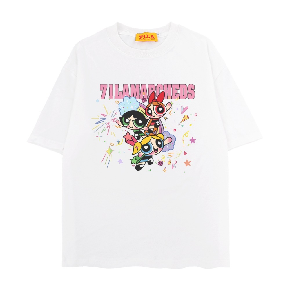 【71laオリジナル】パワーパフガールズ プリント半袖tシャツ 女性用 ゆったりアメリカンスタイル トレンドカップル 純綿半袖