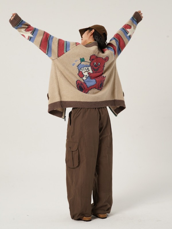 oddmaker オリジナル 冬 レトロ コントラストカラー レインボー ストライプ セーター ニット カーディガン レディース ラウンドネック ルーズ ショートコート