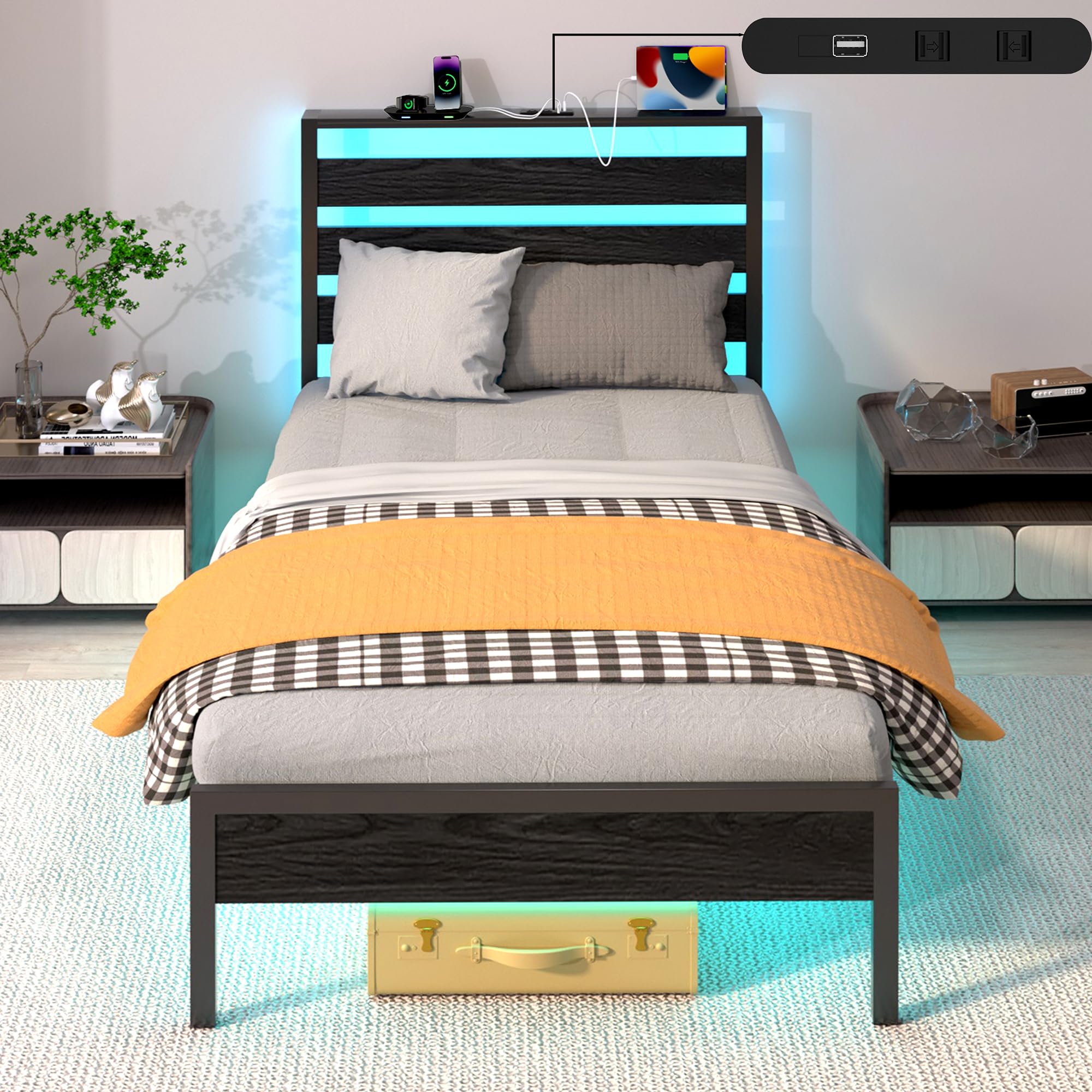 ベッドフレーム シングル LEDライト & USB充電付き メタルベッドフレーム収納付きヘッドボード ボックススプリング不要 木製ヘッドボード ベッド下収納 頑丈 防錆 ノイズフリー 耐久性