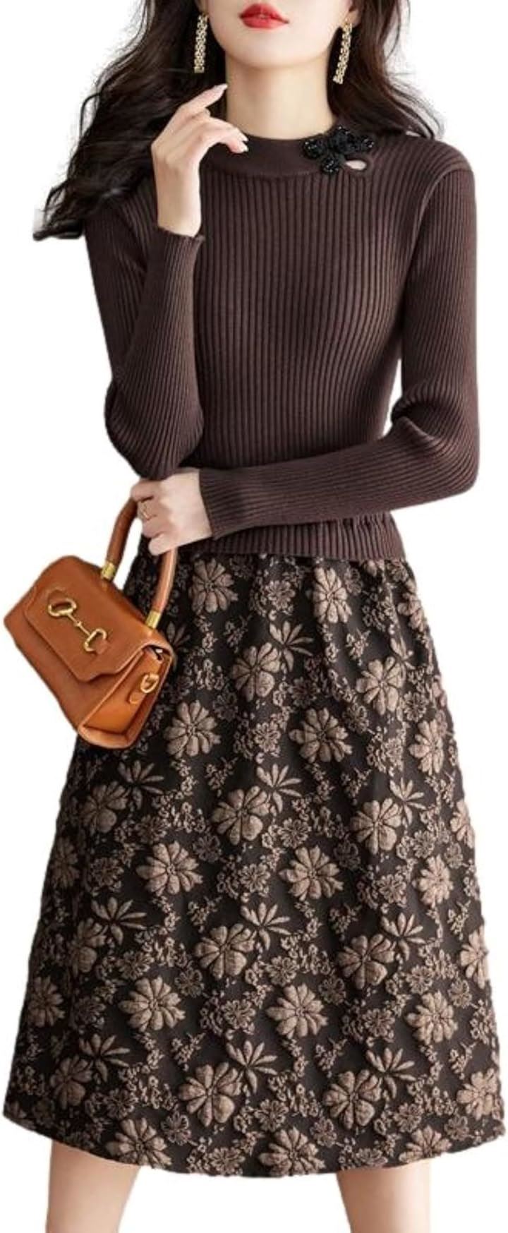 ドッキングワンピース レディース リブニット 花柄 長袖 チャイナボタン BB023(ブラウン, L)