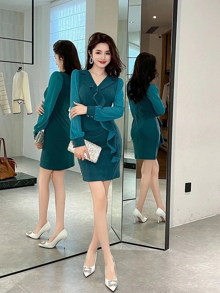 2024春 フリルワンピース vネック ショート パーティードレス キャバ 着痩せ 大人 お呼ばれ 同窓会 披露宴 卒業式 結婚式 ウェディング 二次会 成人式30%までに制限