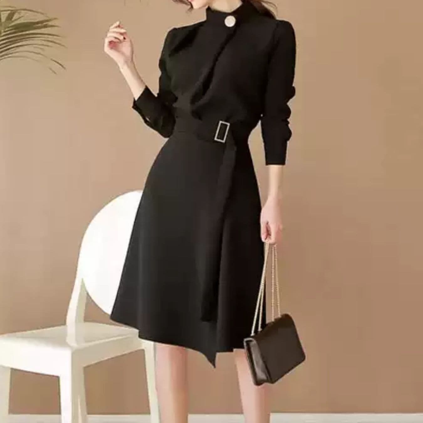 ワンピース レディース 膝丈 半袖 7分袖 スタンドカラー Aライン フォーマル フェミニン 着痩せ効果 ベルト ウエストマーク スリット ハイウエスト ボタン きれいめ 上品 おしゃれ かっこいい