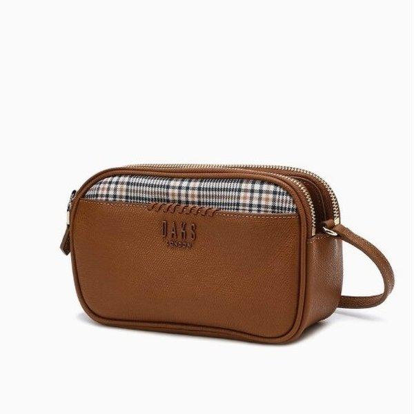 AK盆唐店 ブラウンチェック柄レザーコンビ ダブルジッパークロスバッグ DCWA5E629W2