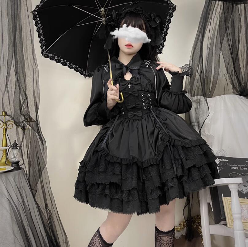 【新作登場 最安値!】206ロリータ 黒十字架　ワンピース　 ゴスロリ コスプレ メイド服 コスチューム 文化祭 学園祭 衣装 仮装 ハロウィン おすすめ 可愛い 日常　写真　舞台　花嫁　洋