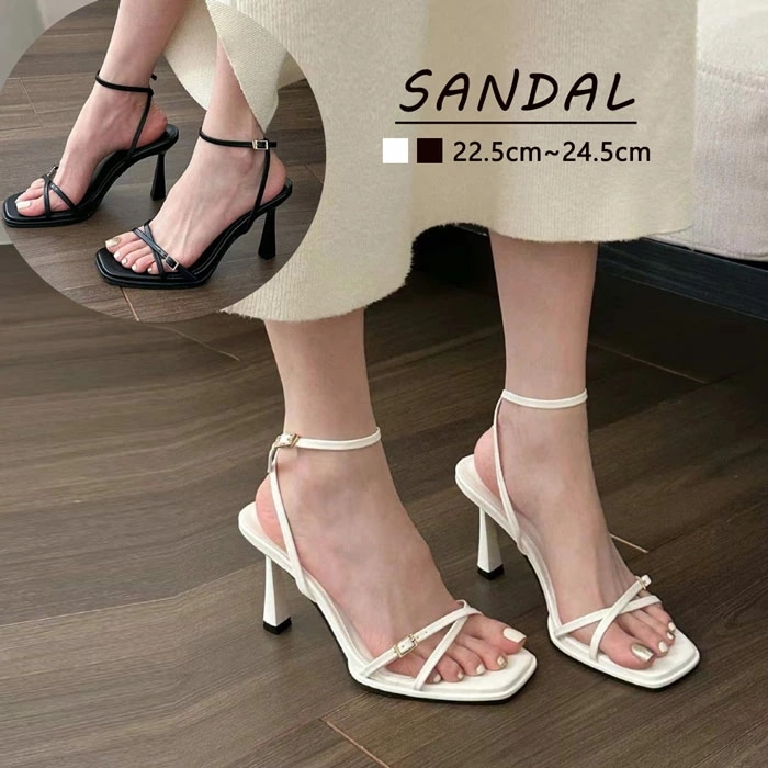 華奢ストラップサンダル ピンヒールヒール ローヒール サンダル 22.5 23.5 24.5 レディース かかと あり ブラック ホワイト ヒールサンダル アンクルストラップ 夏 ベルト 靴 女性 大