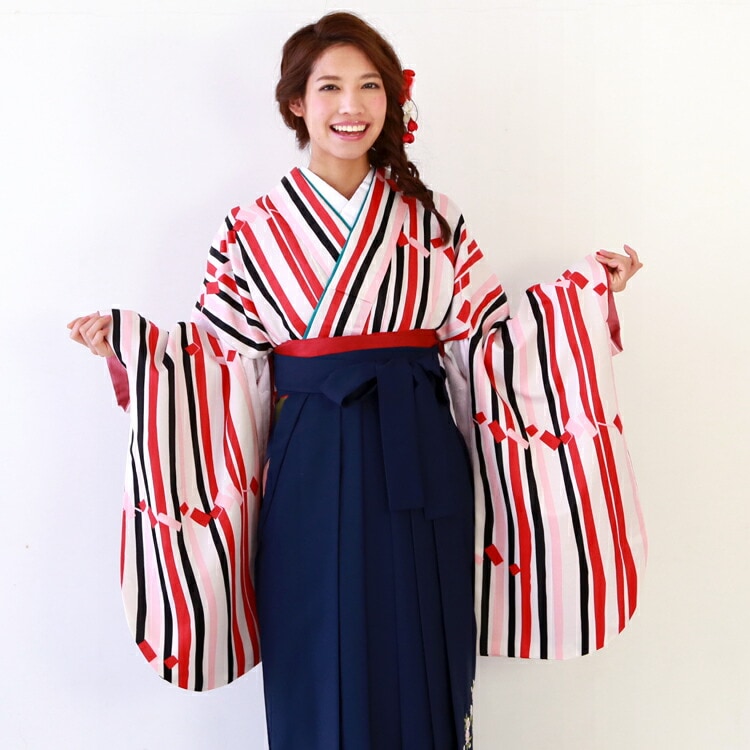 レンタル卒業式 袴 レンタル 女 袴セット 女 卒業式袴セット2尺袖着物＆袴 フルセットレンタル 安い 生成り地に赤 黒 ピンクのストライプ 縦縞ハカマ はかま rental