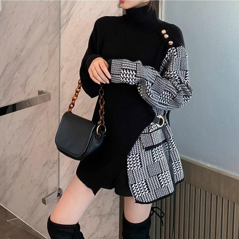 レディース 千鳥格子ニット アシンメトリー プルオーバー トップス セーター 切り替え 38