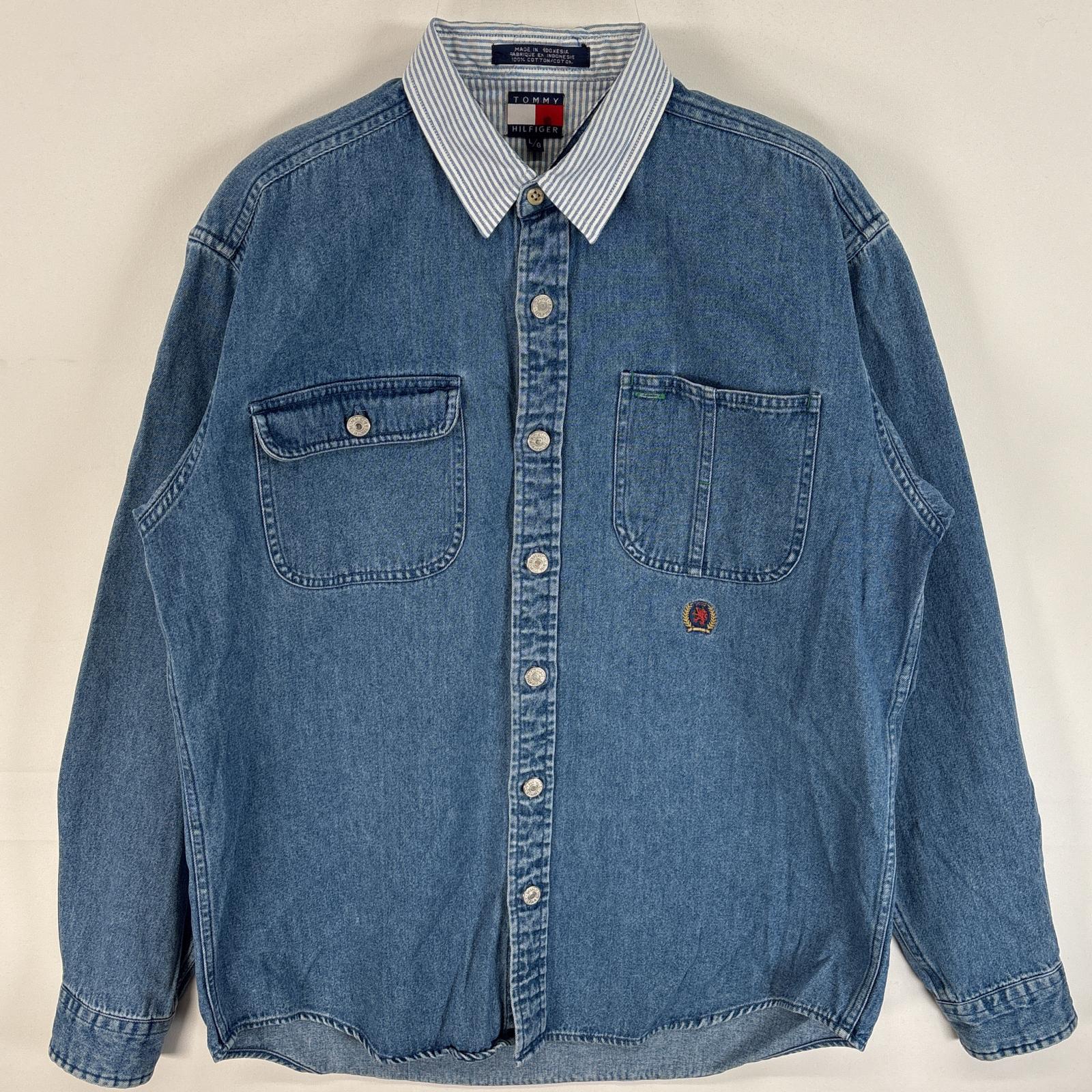 古着 90s/90年代 デニム 長袖シャツ メタルボタン 襟切替 ワンポイント ロゴ 刺繍 L ブルー系 無地 レディース