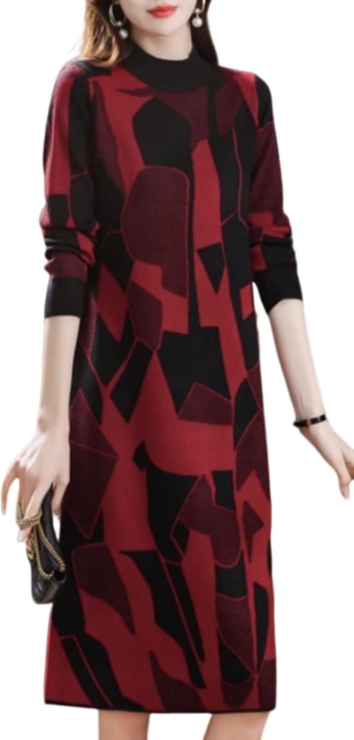 幾何学柄 ワンピース レディース 長袖 ニット ジオメトリー 総柄 膝丈 秋 冬 パターン style セミフォーマル シンプルニット リブニット お宮 参り デート(レッド, XL)