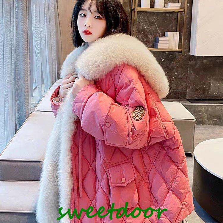 レディースファッション 冬の新しい特大のキツネの毛皮ネイビーカラーパーカーダウン毛皮のコート長い女性の通勤者イン