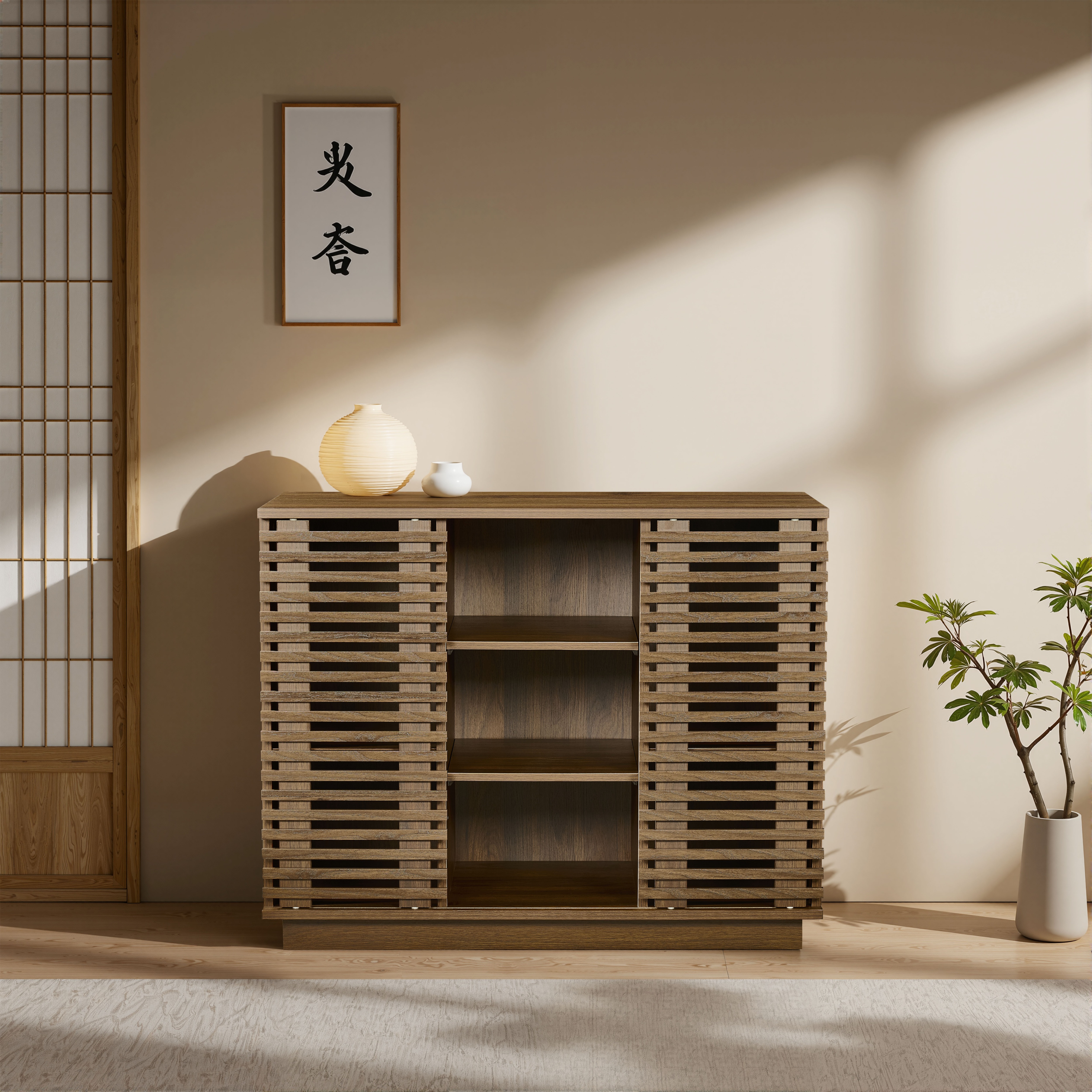 【迅速な出荷/1954】【新作】ウォールナット色のリビング収納キャビネットサイドボード収納キャビネット大容量収納キャビネット スライドドア