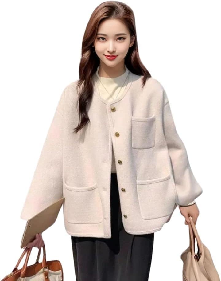 ブルーベリル ボアジャケット ノーカラー ポケット付き 金ボタン ゆったり 秋冬 カジュアル 暖かい 軽量 防寒 レディース 人気 通勤 通学 (アイボリー, XL)