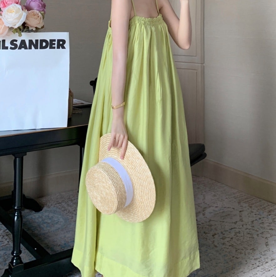 ワンピース キャミワンピ フレア Aライン ミモレ スクエアネック ギャザー 大人可愛い きれいめ 無地 春 夏 マタニティ プール デート お出かけ リゾート 海 S L グリーン ゆったり