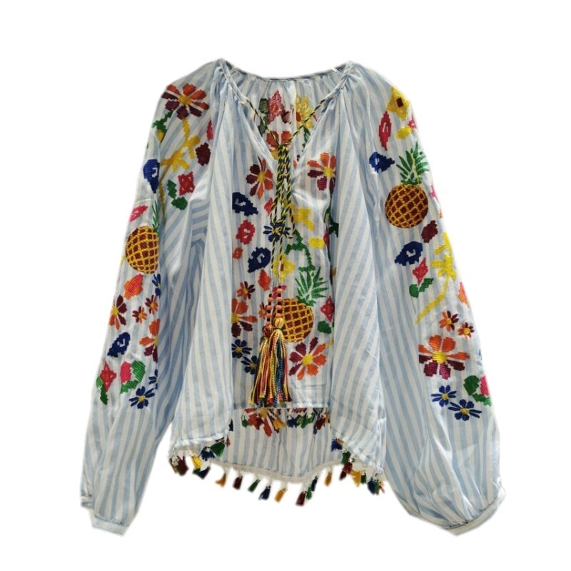 シャツ ブラウス カットソー 長袖 Vネック レース リボン 薄手 かわいい 大人可愛い ガーリー 花柄 ストライプ ボーダー 春 夏 秋 デート リゾート 韓国 モテ S マルチカラー