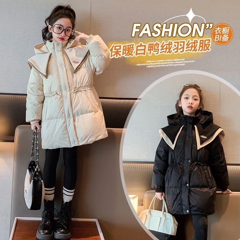 女の子ダウンジャケット大きな子供用ホワイトダックダウンジャケット2025新しいスタイル厚みのあるミドル丈冬服子供服