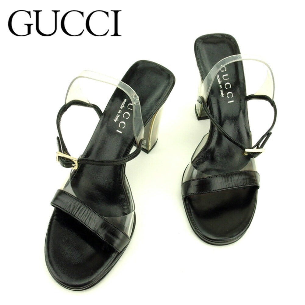 サンダル シューズ 靴 クリアコンビ 35C チャンキーヒール ブラック ゴールド 中古