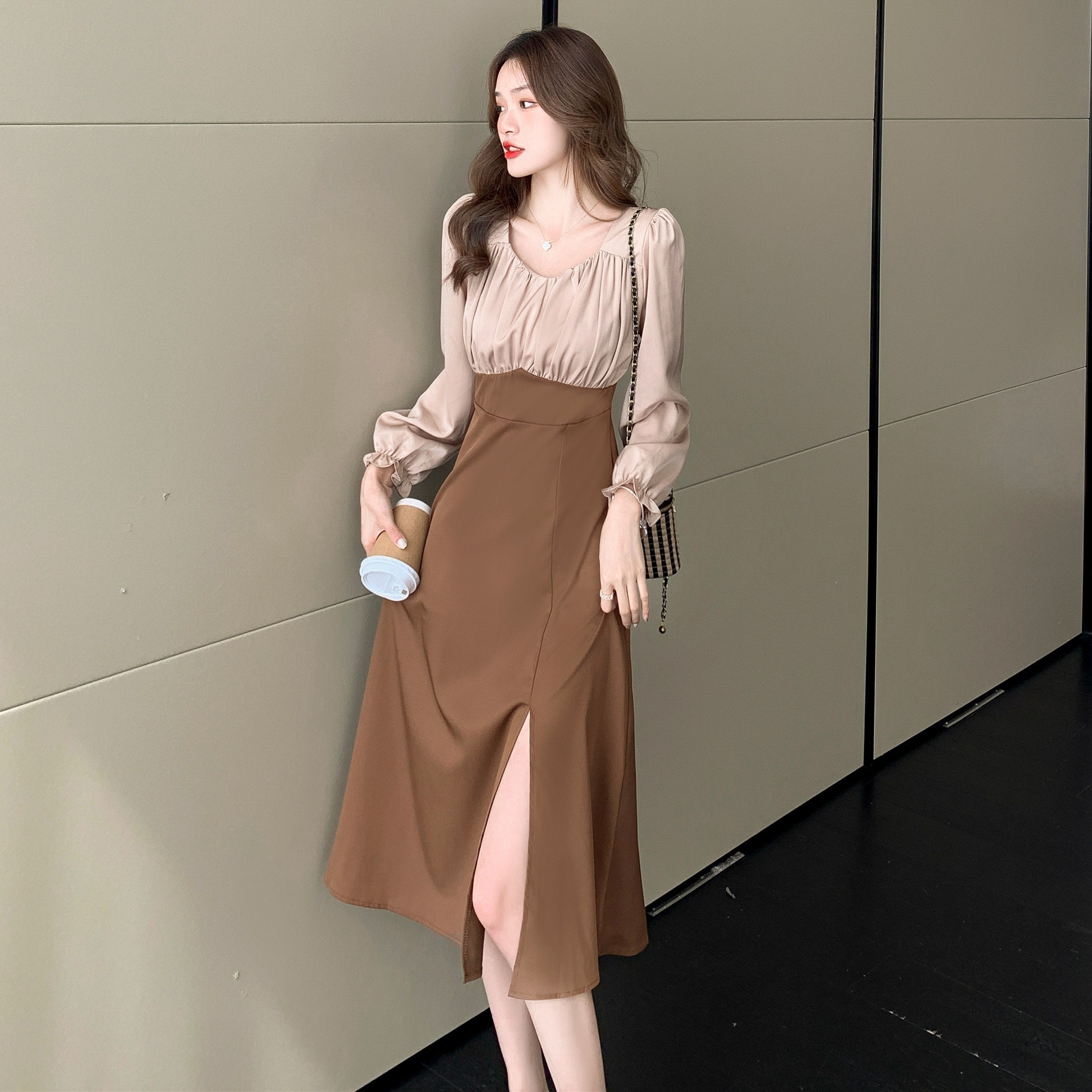 シャツワンピース 長袖ロング パフスリーブ ベルトセット フォーマルオフィス