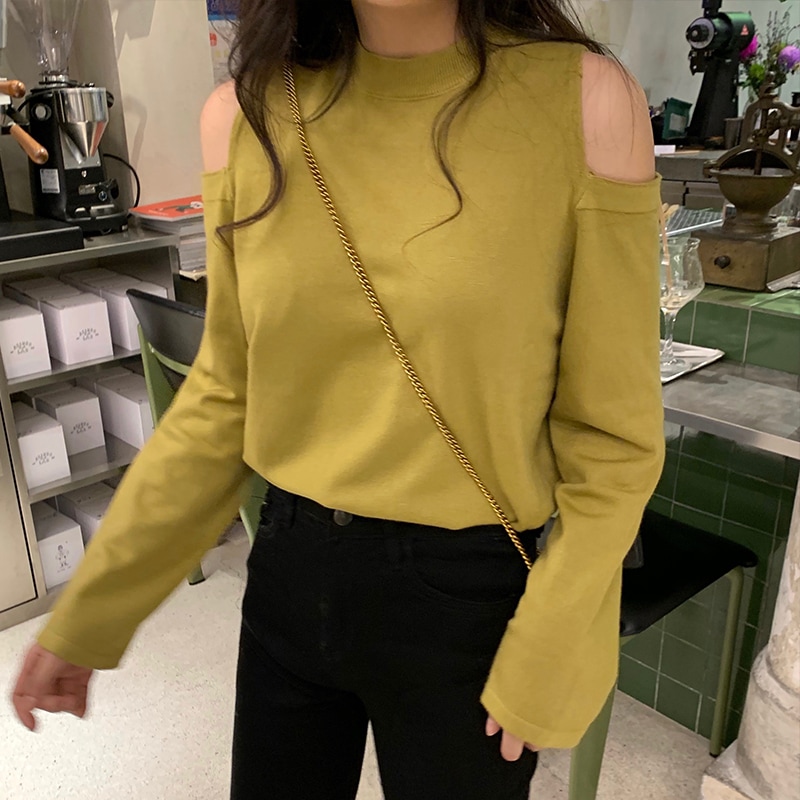 オープンショルダー 肩出し 肌見せ トップス ニットソー セーター ミディアム丈 長袖 クルーネック