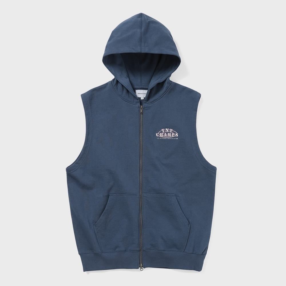 ディスイーズネバーゼット スリーブレスジップアップフーディー ディープウォーター