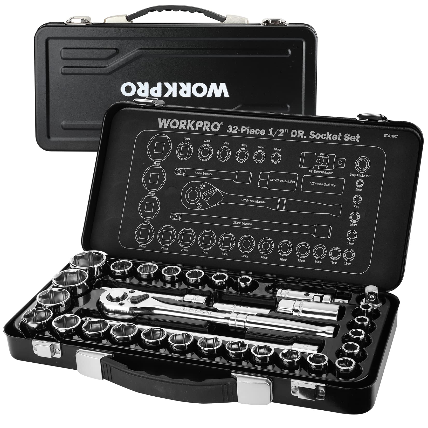 ソケットレンチセット 差込角12.7mm 32点セット ガレージツールセット クイックリリースラチェットハンドル 鉄製収納ケース付き バイク 自動車整備 工具セット