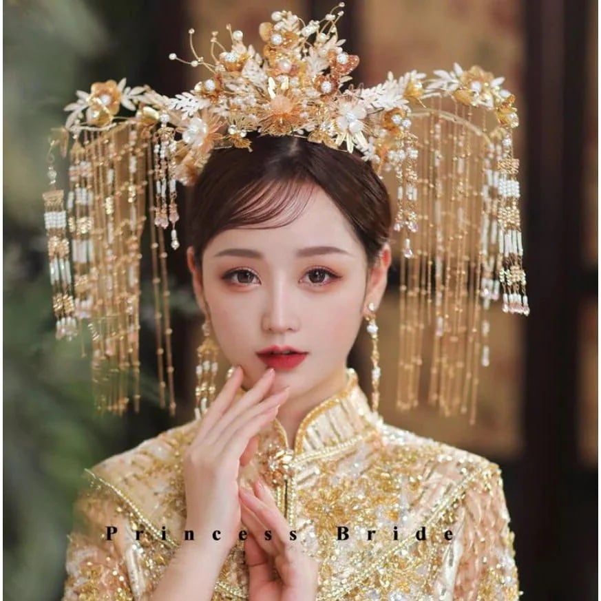 中華風髪飾り ゴージャスなティアラ フリンジ 冠 王冠 かんむり 被り物 合金 きらきらフリンジ かんざし 花モチーフ 可愛い 中国古代時代劇コスチューム 仮装 変
