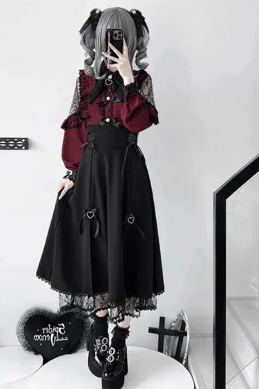 コスチューム 大人気アメリカンハロウィンロリータ ワンピース メイド服量産型地雷系ロリータ バーガンディ コスプレ レースブラウス＋ハーフスカート2点セット 二次元