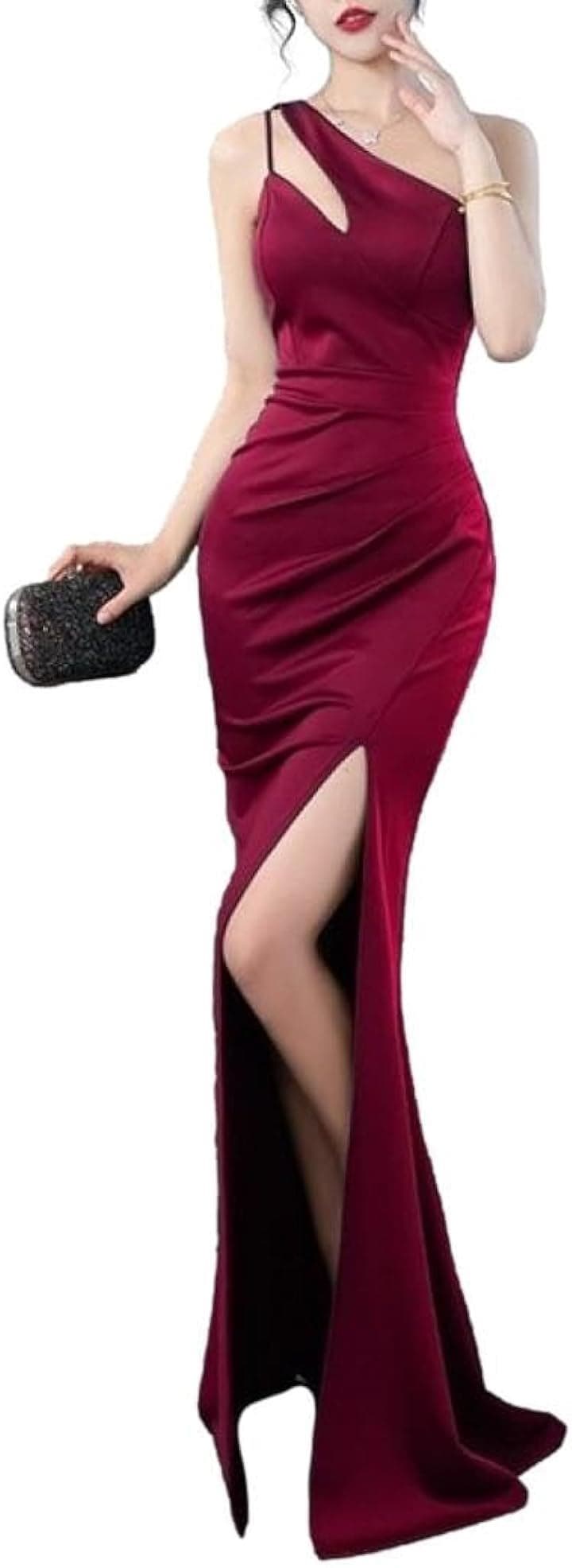 キャバドレス ロングワンピース イブニングドレス スリット ワンショルダー マキシ ノースリーブ ウエストマーク レディース E87( ワインレッド, XL)