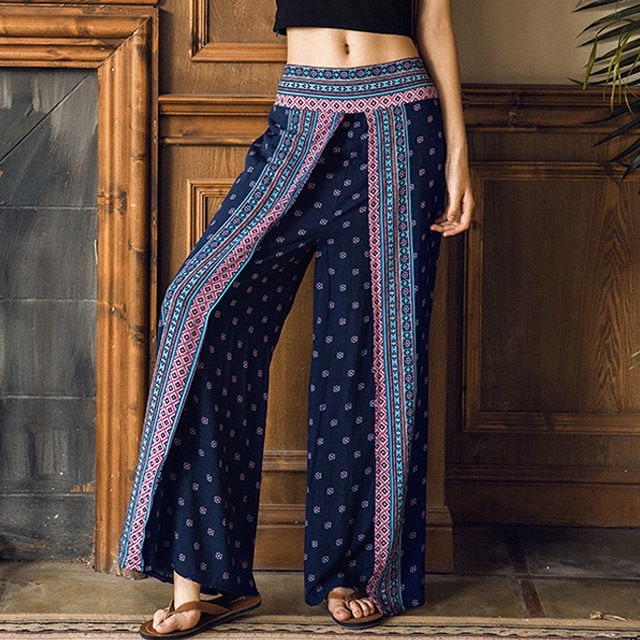 ワイド パンツ レディース ボトムス 大きいサイズ ロング丈 エスニック 小花柄 シフォン ゆったり フレア