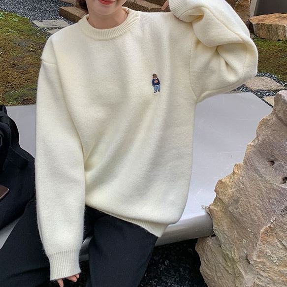 レディース トップス ニット セーター プルオーバー レギュラー丈 長袖 萌袖 ラウンドネック スクエアネック フェミニン ストリート 刺繍 リブ アメカジ 厚手 シンプル カジュアル おしゃれニット