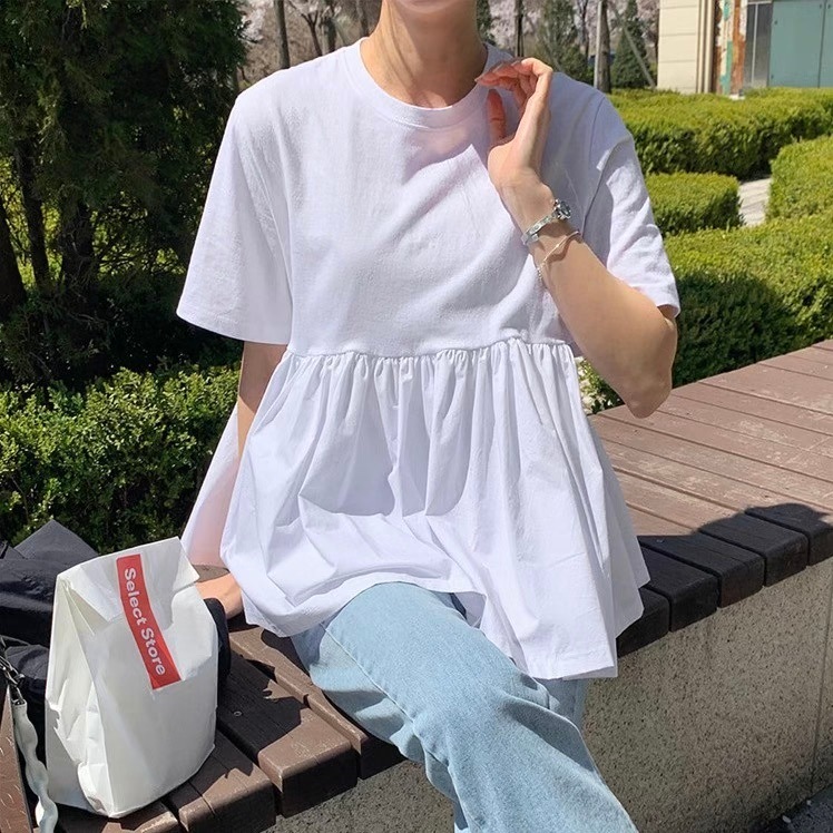 レディース トップス カットソー Tシャツ 半袖 Uネック ラウンドネック プリーツ タック タックプリーツ ハイウエスト ギャザー 切り替えデザイン かわいい 大人可愛い きれいめ シンプル