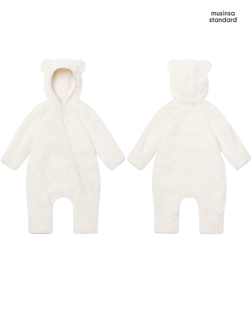 韓国限定 韓国人気 SNS流行 ファッション トレンド キッズ 子供服 宇宙服 12ヶ月以下 Shaggy Fleece Ear Hooded Jumpsuit - Ivory