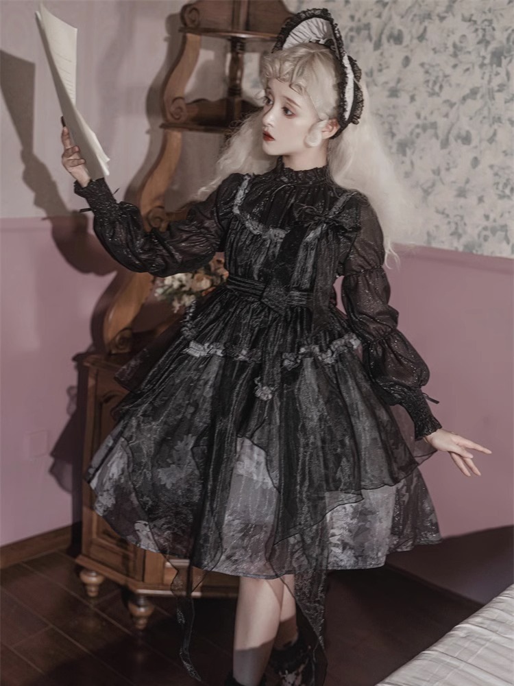 lolita地雷パーカーロリータ ワンピース ゴスロリドレスデッドリーフゴスガールロリハイウエストメッシュドレス長袖ドレス