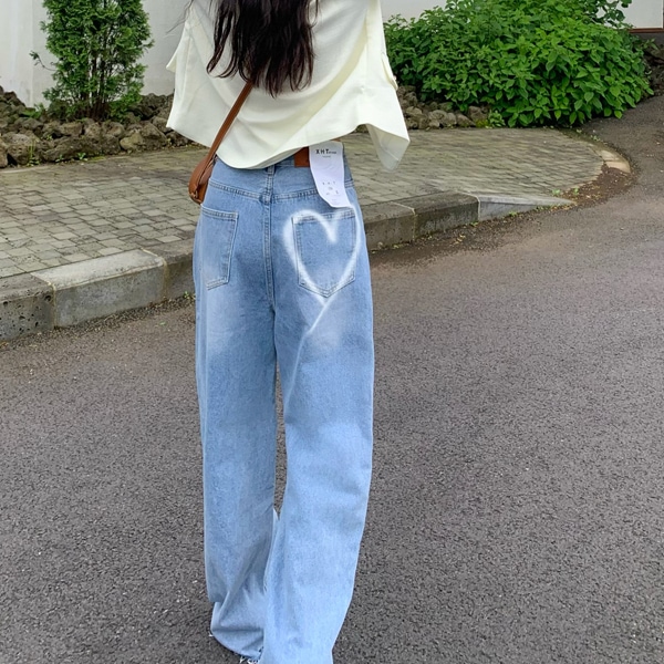 韓国ファッション ライトブルー ハート ペインティング ワイド デニム ジーンズ