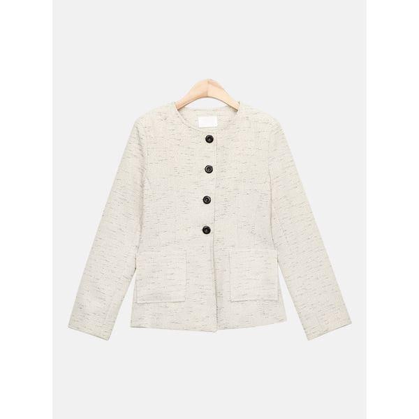 女性の参列者ルック 会社員 ノーカラー 肩パッド ツイード ボタン ジャケット LCC010_P409719529