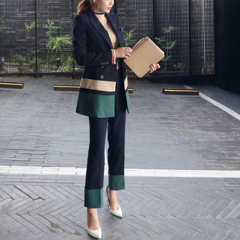 セットアップ スーツ パンツ　ボトム　ボトムス　長袖 ロング ベスト Vネック 柄 ボーダー ナイロン 韓国 スリム タイト きれいめ 大人 上品 ストレートパンツ フォーマル 秋 lone0