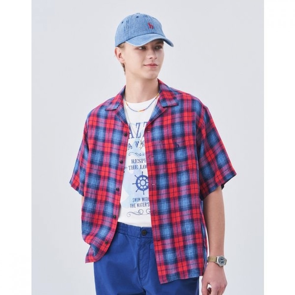 [24SS] レッドリネンチェックオープンカラーショートスリーブシャツHZSH4B532R2