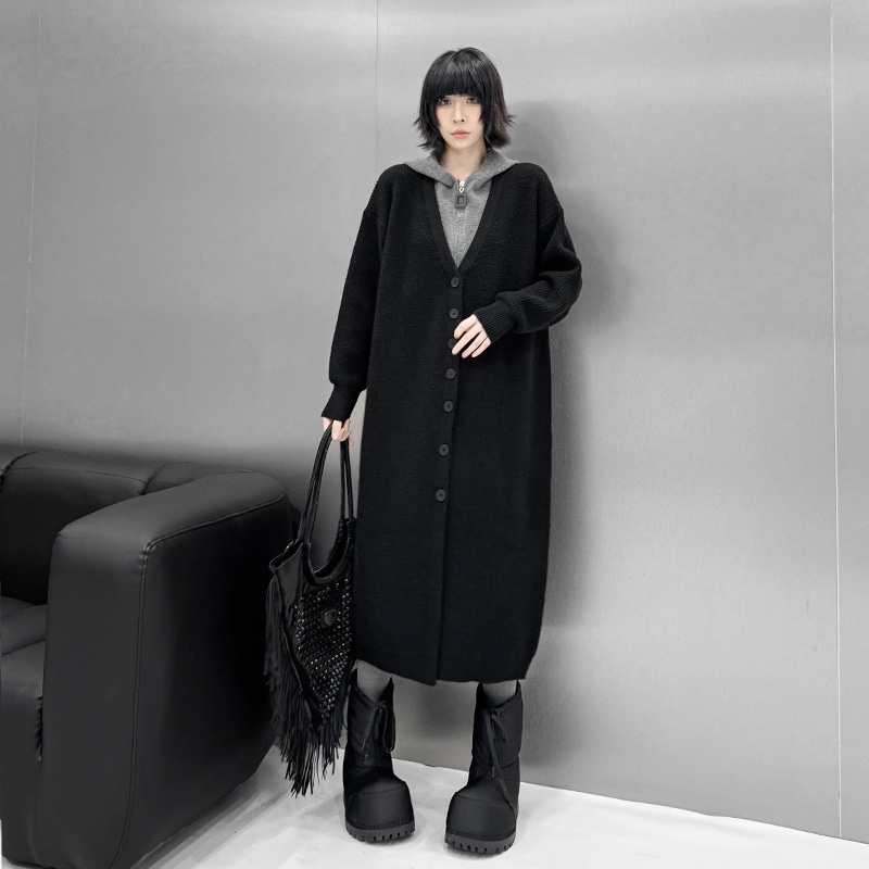 【J.Fashion】 ニットカーディガン フード付き パーカーワンピース おしゃれ ドッキング ロングニット レディース 関連商品購入可能 メガ割