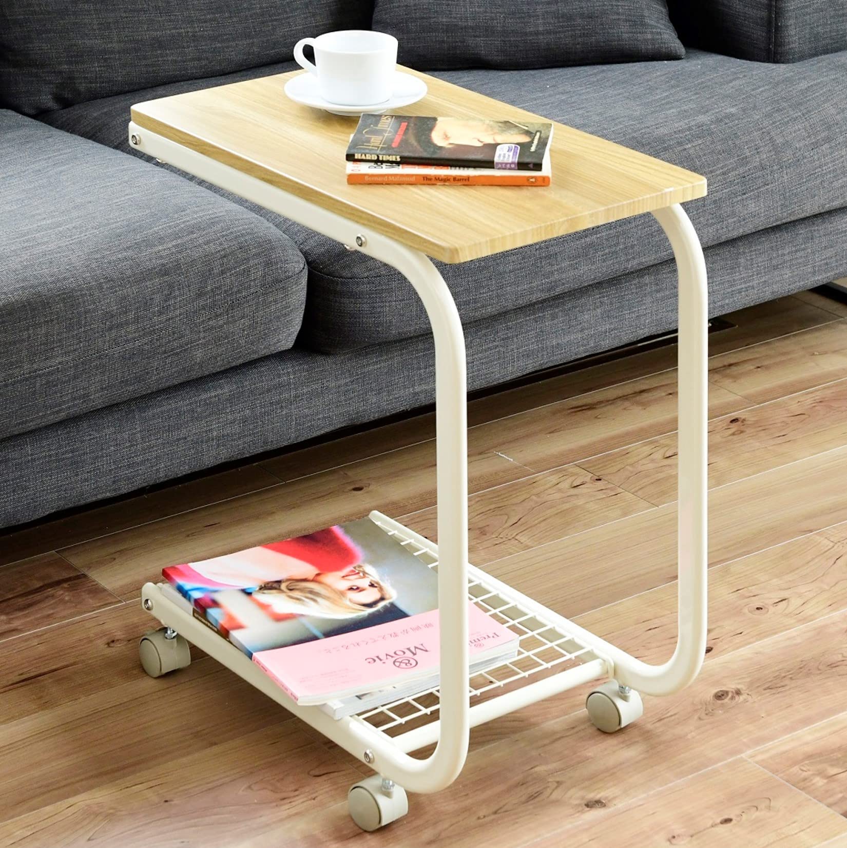 山善(YAMAZEN) サイドテーブル キャスター付き (2か所ストッパーあり) 収納棚 コの字型 幅50×奥行30×高さ60 ベッドテーブル ソファーテーブル 一人暮らし ナチュラル 組立品