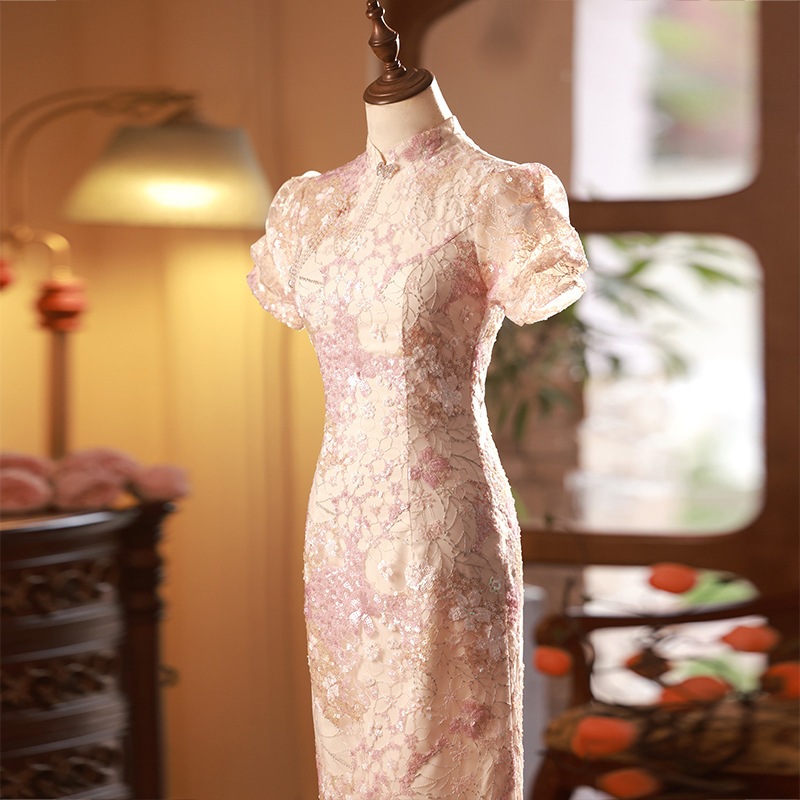 チャイナドレス トーストウェア 花嫁 2024 新中国風 ピンク 婚約ドレス ドレス スパンコール デイリーウェアラブル ドアドレス