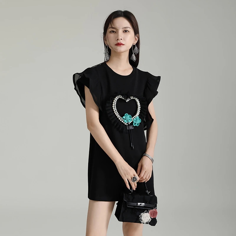 可愛い夏の新型軽贅沢釘珠愛バラTシャツワンピース高級感スウィートで ロンT