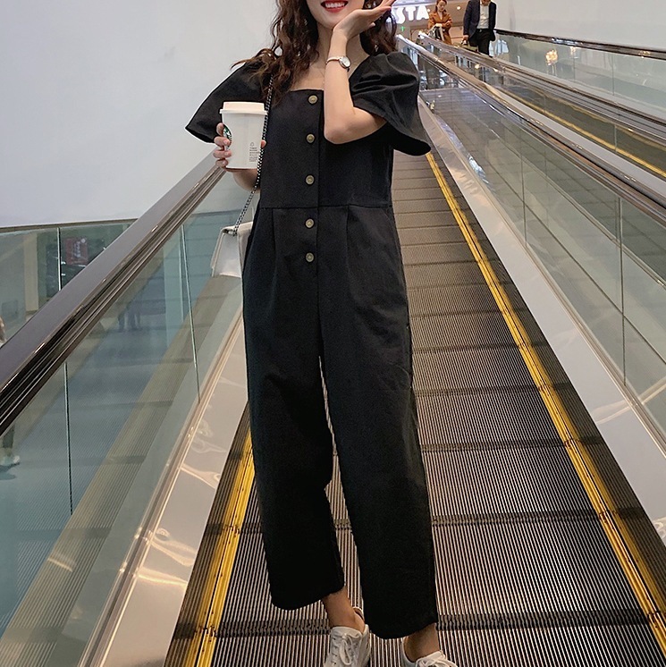 オールインワン レディース パフスリーブ 個性的 人気 通販 春服 夏服 ぽわん袖 スクエアネック 前開き ボタン SNS 映え モテ 流行 トレンド 高見え 楽ちん 着やせ 効果 無地 ブ