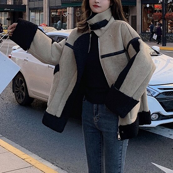 2色 アウター ジャケット レディース 秋冬 かわいい 暖かい もこもこアウター ボア ジャケット 長袖 ボリューム袖 タートルネック でか襟 BIGシルエット 切り替えデザイン もこもこ モコモコ