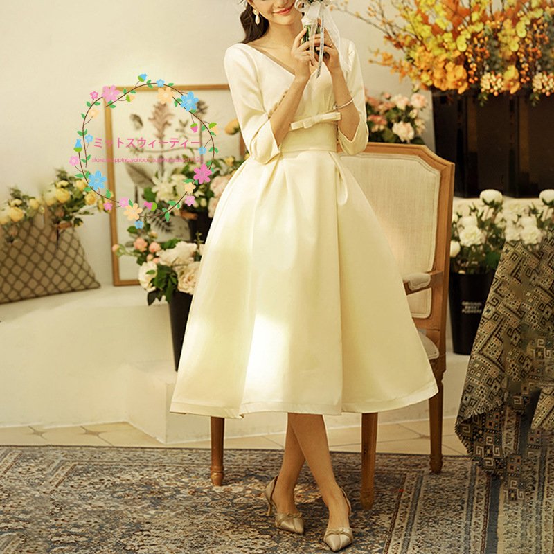 ウエディングドレス 2次会 花嫁 結婚式 結婚式ドレス ウェデイングドレス 二次会ドレス ブライダル 披露宴 白 前撮り ミモレ丈スカート Vネック 春 シンプル